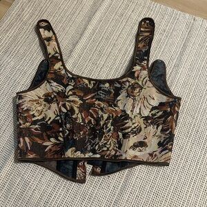 Floral Tapestry Crop Corset  Top - Brown Multi